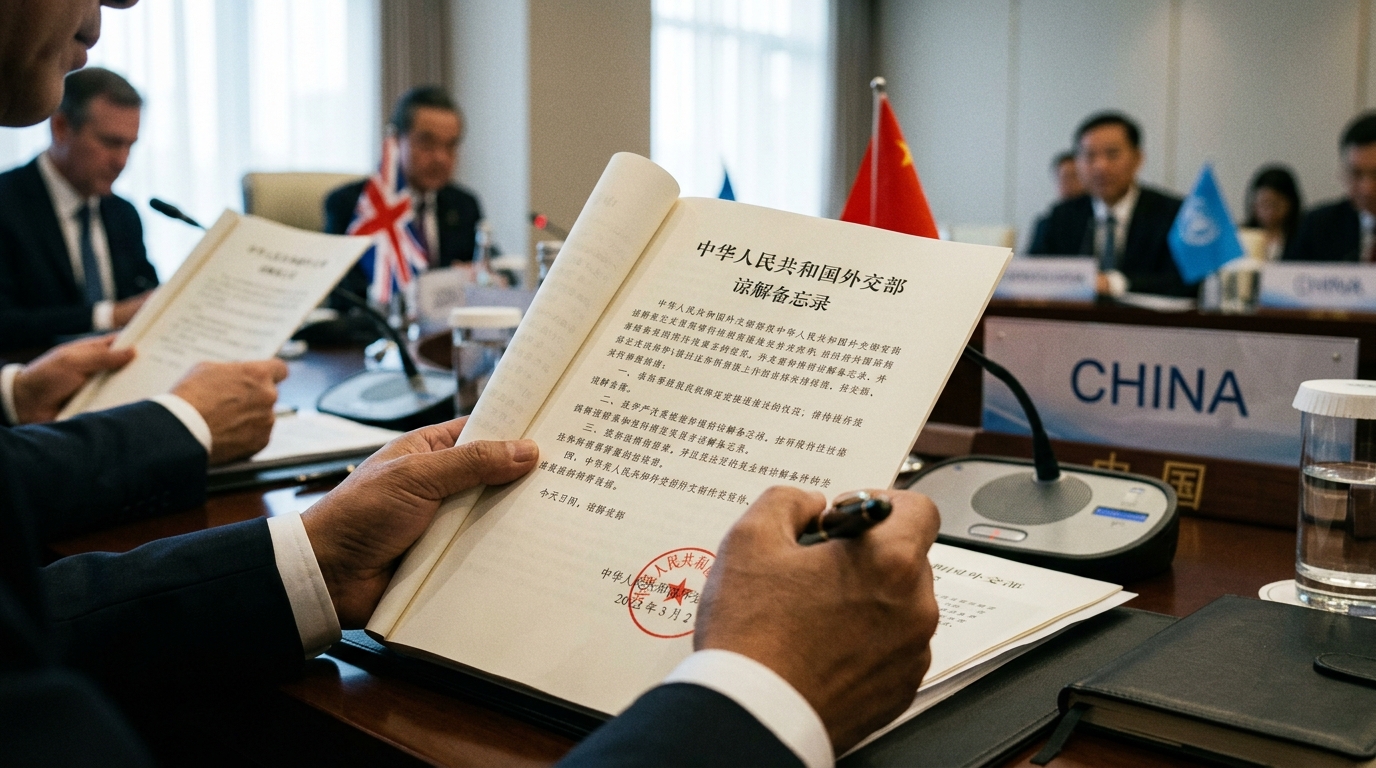 Document diplomatique en caractères chinois lors d'une réunion officielle
