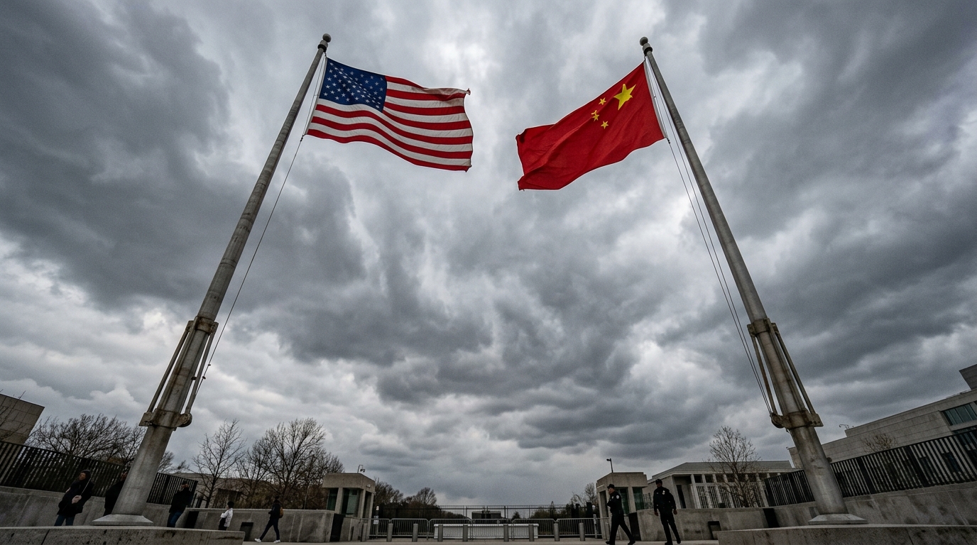 Drapeaux américain et chinois face à face sous un ciel nuageux