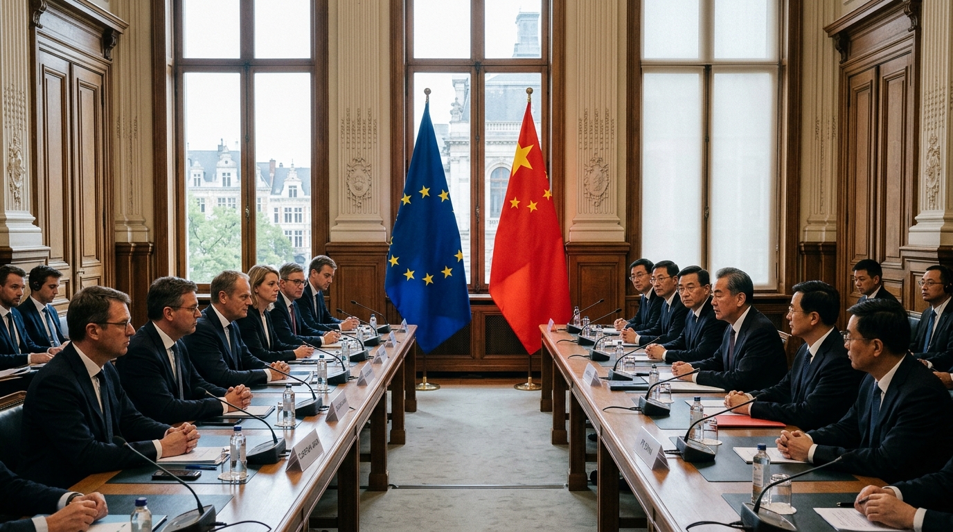 Drapeaux européens et chinois dans un contexte diplomatique