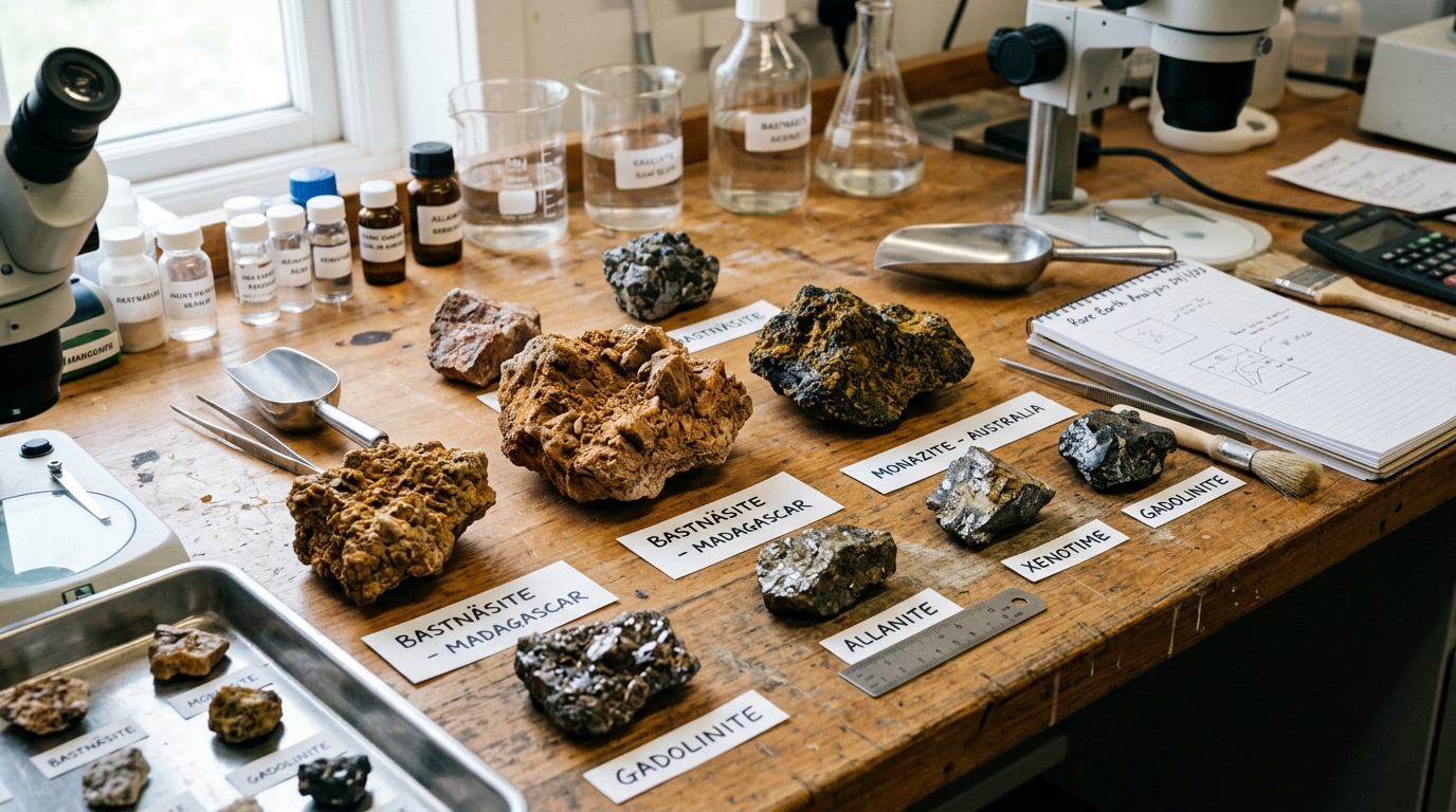 Échantillons de terres rares sur une table de laboratoire