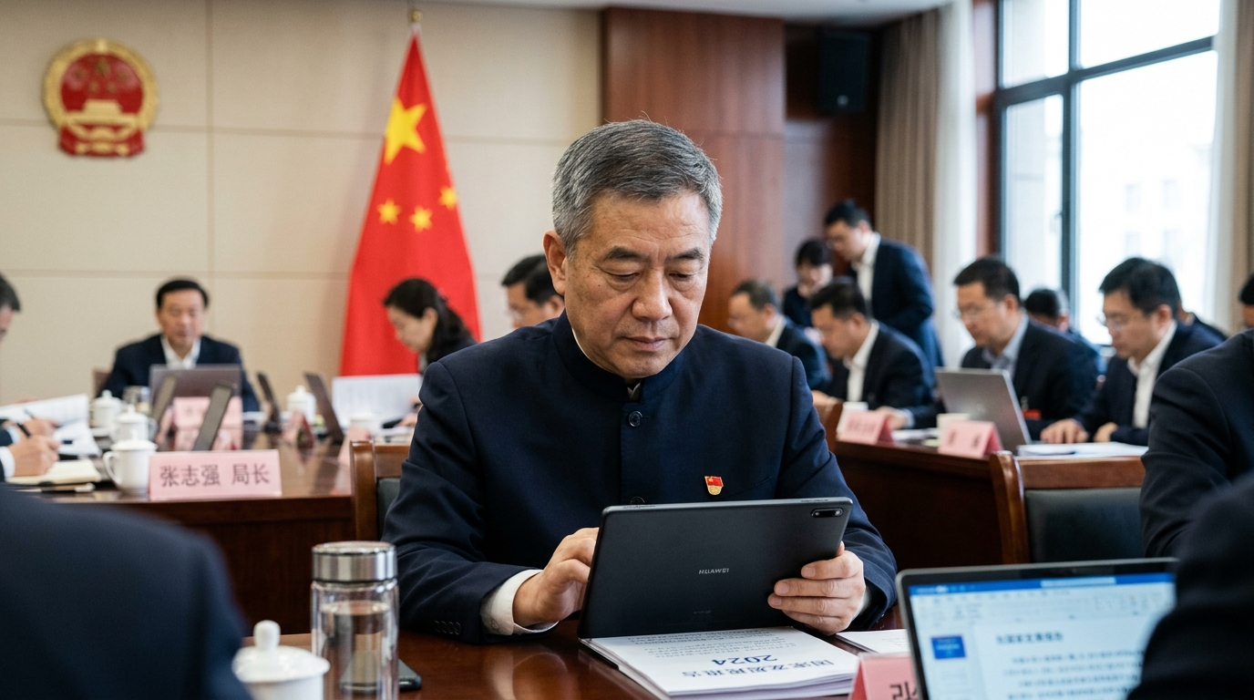 Fonctionnaire chinois examinant un dossier d'acquisition technologique