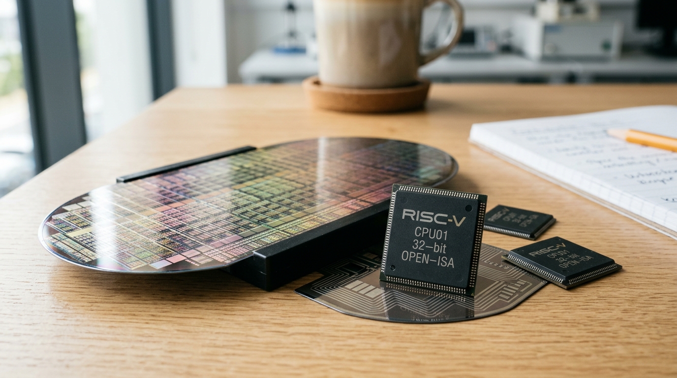 Gros plan sur une plaquette de silicium et des micro-puces RISC-V