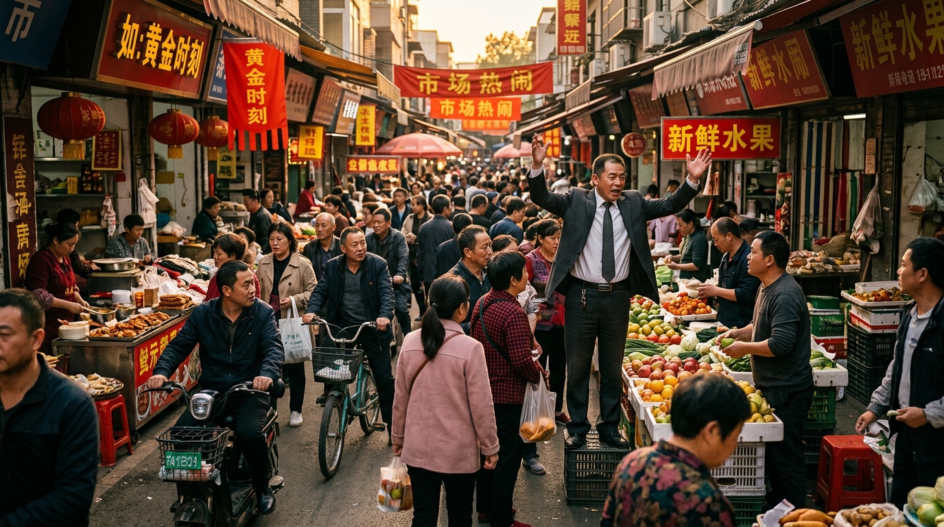 Homme en costume gesticulant dans un marché chinois animé
