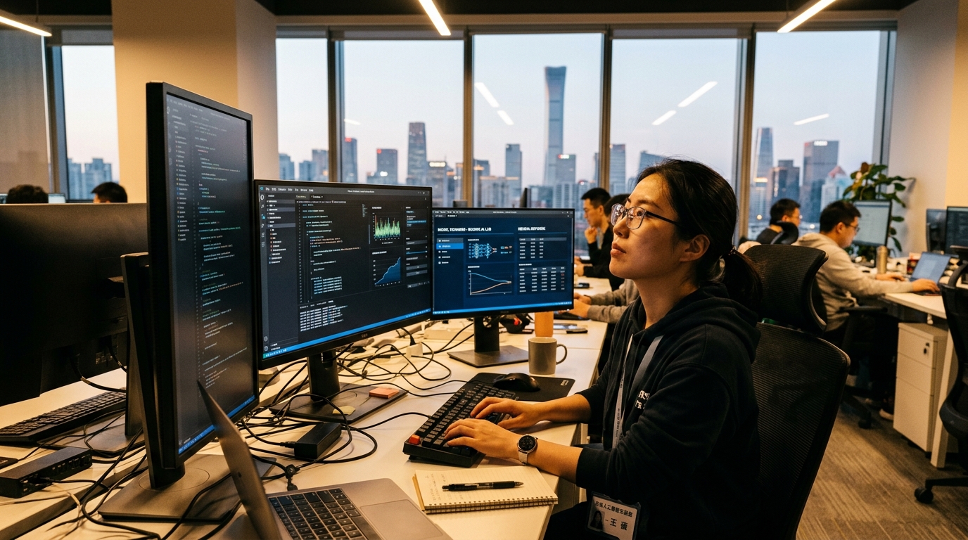 Ingénieur chinois travaillant sur un modèle d'intelligence artificielle à Pékin