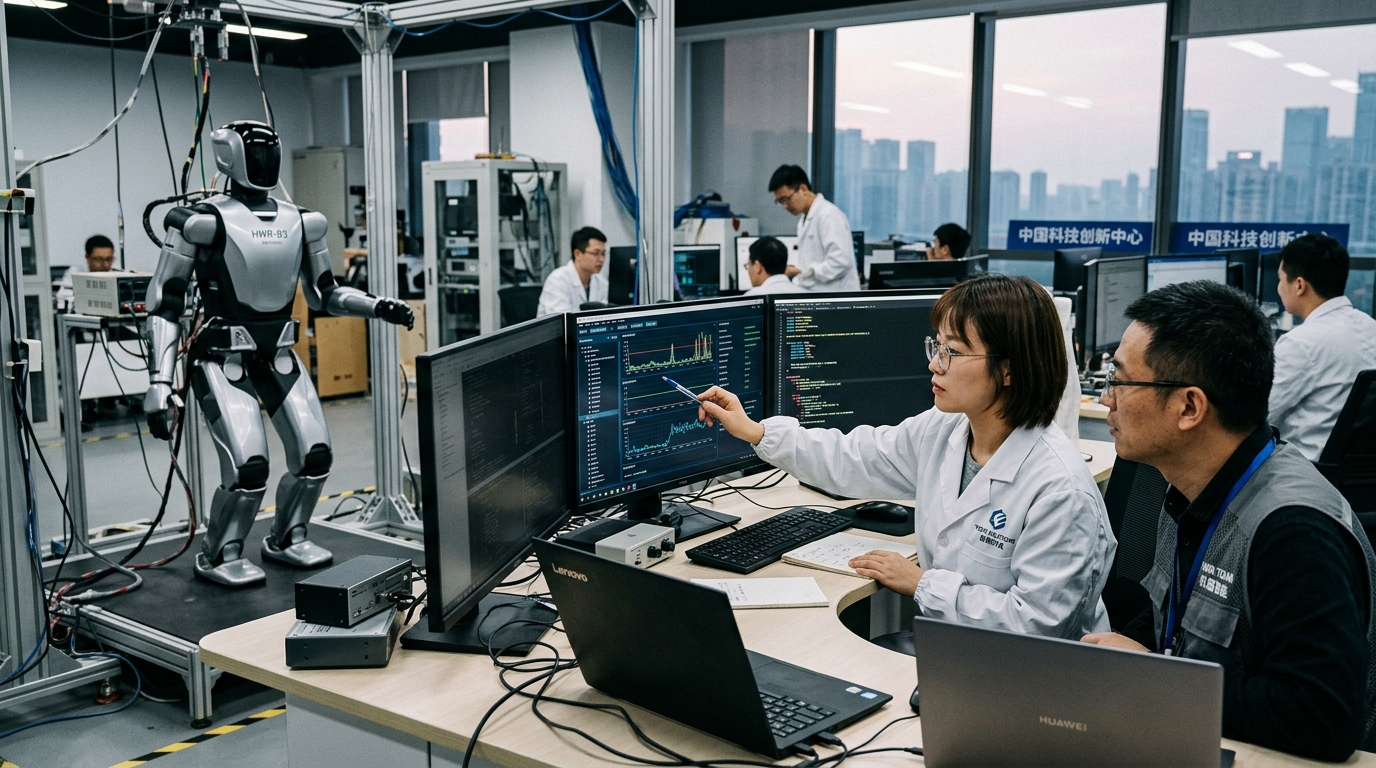 Ingénieurs chinois supervisant des robots humanoïdes dans un laboratoire technologique