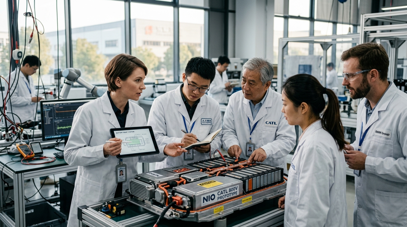 Ingénieurs européens et chinois travaillant sur une batterie de voiture électrique