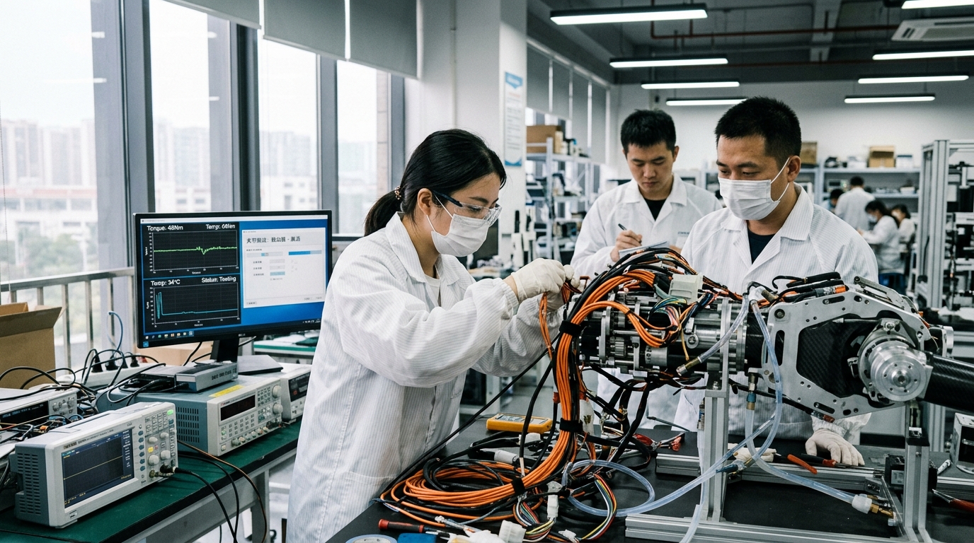 Ingénieurs testant des actionneurs d'un robot humanoïde en laboratoire