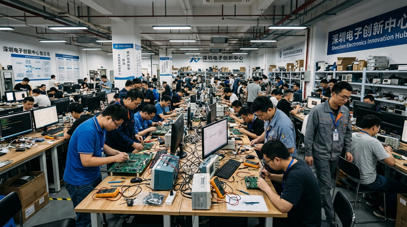 Ingénieurs travaillant sur des prototypes hardware dans un hub technologique de Shenzhen