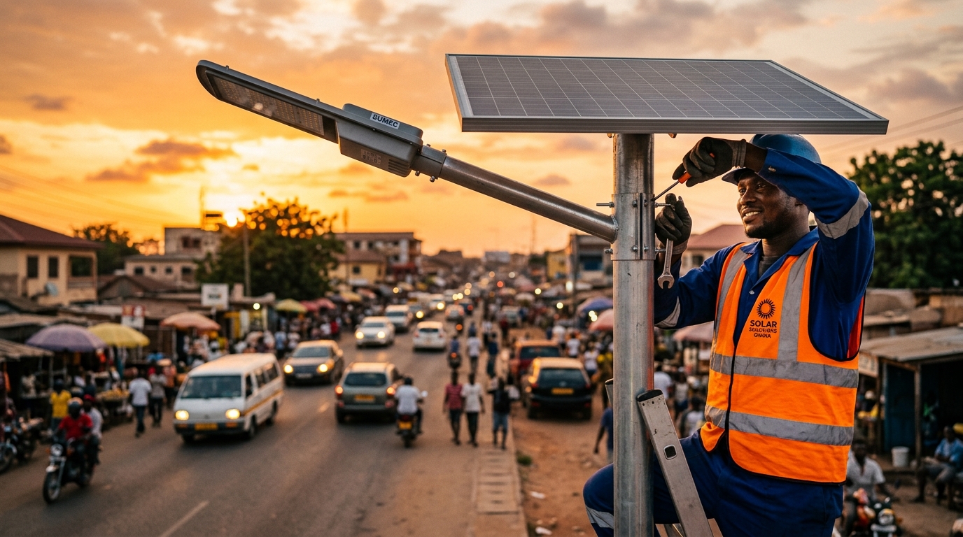 Installation d'un lampadaire solaire en Afrique de l'Ouest