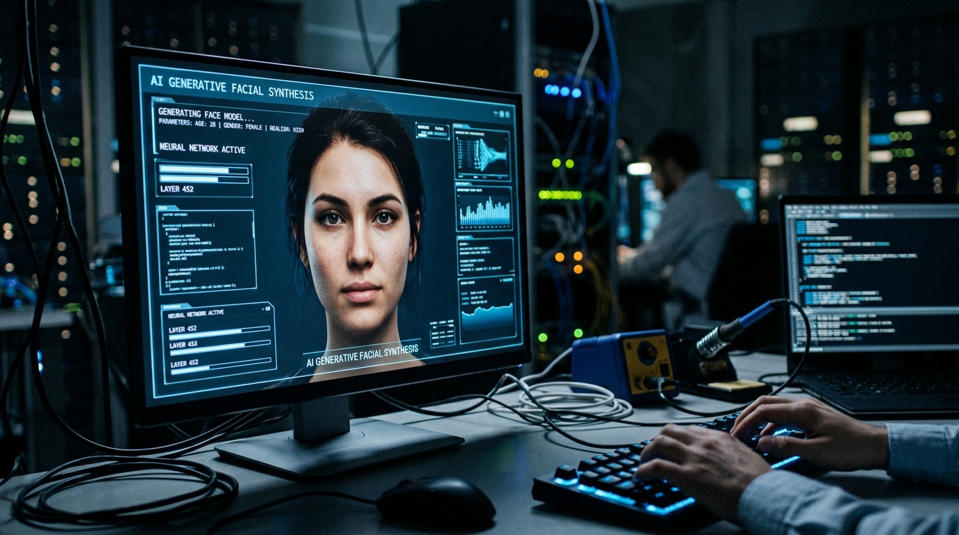 Interface IA générant un visage humain réaliste sur écran