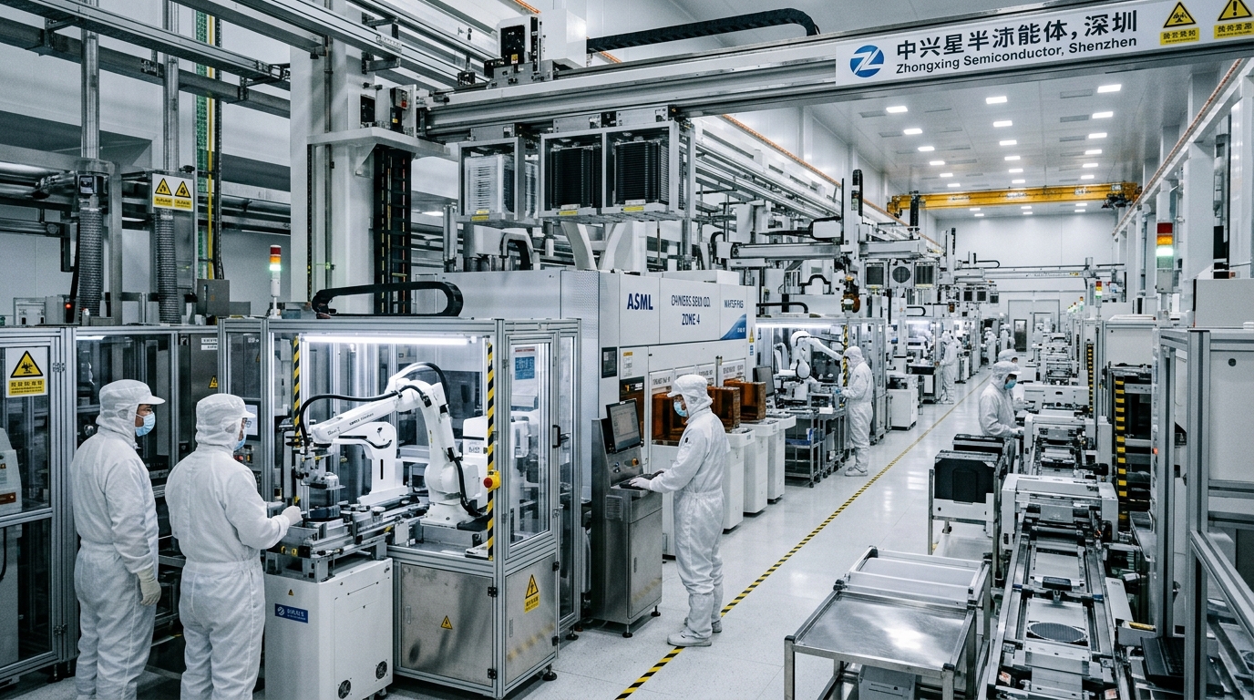 Ligne de production d'une usine de fabrication de puces avec robots et techniciens