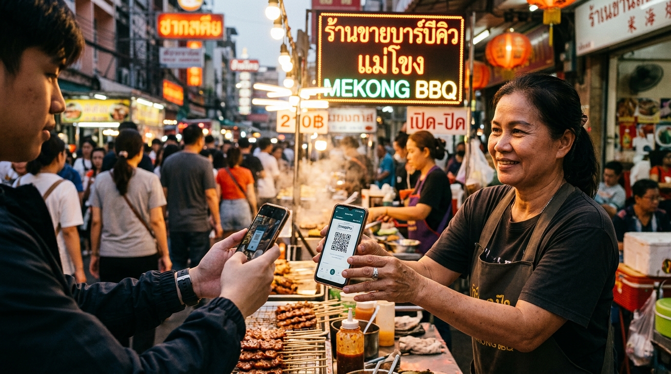 Marchand en Asie utilisant un paiement mobile via smartphone