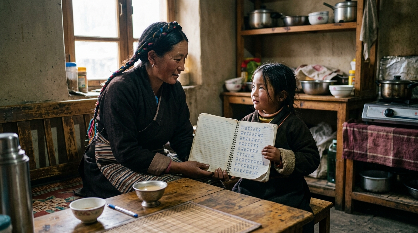 Mère et enfant tibétains autour d'un cahier avec des caractères chinois