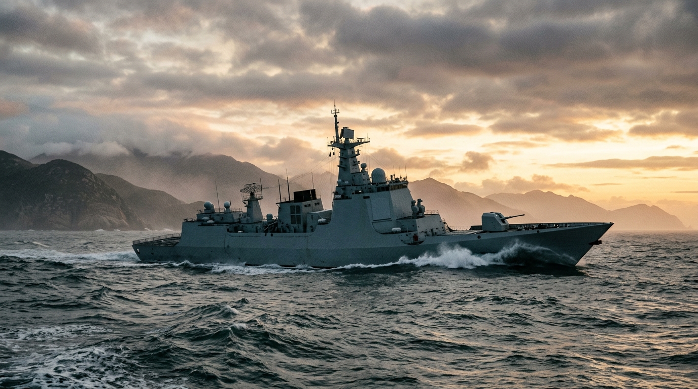 Navire militaire chinois naviguant près d'une côte, pression militaire autour de Taïwan