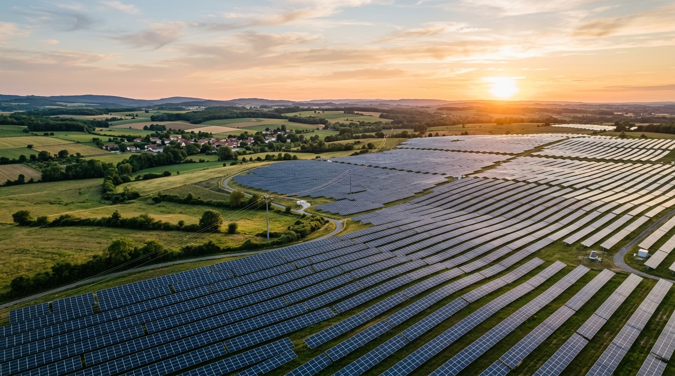 Parc solaire européen avec rangées de panneaux photovoltaïques