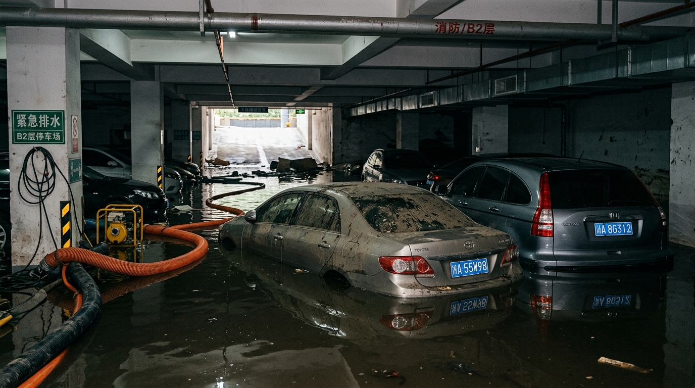 Parking souterrain inondé avec des voitures submergées jusqu'aux vitres