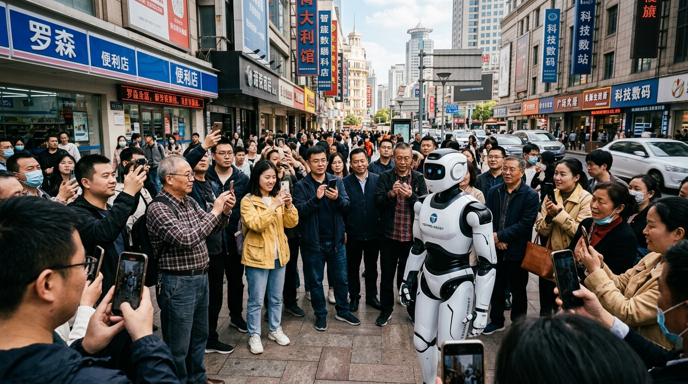 Passants photographiant un robot humanoïde dans une rue de Hangzhou