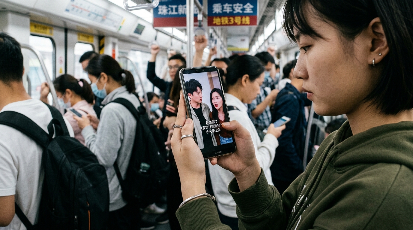 Personne regardant un micro-drama chinois sur smartphone dans le métro