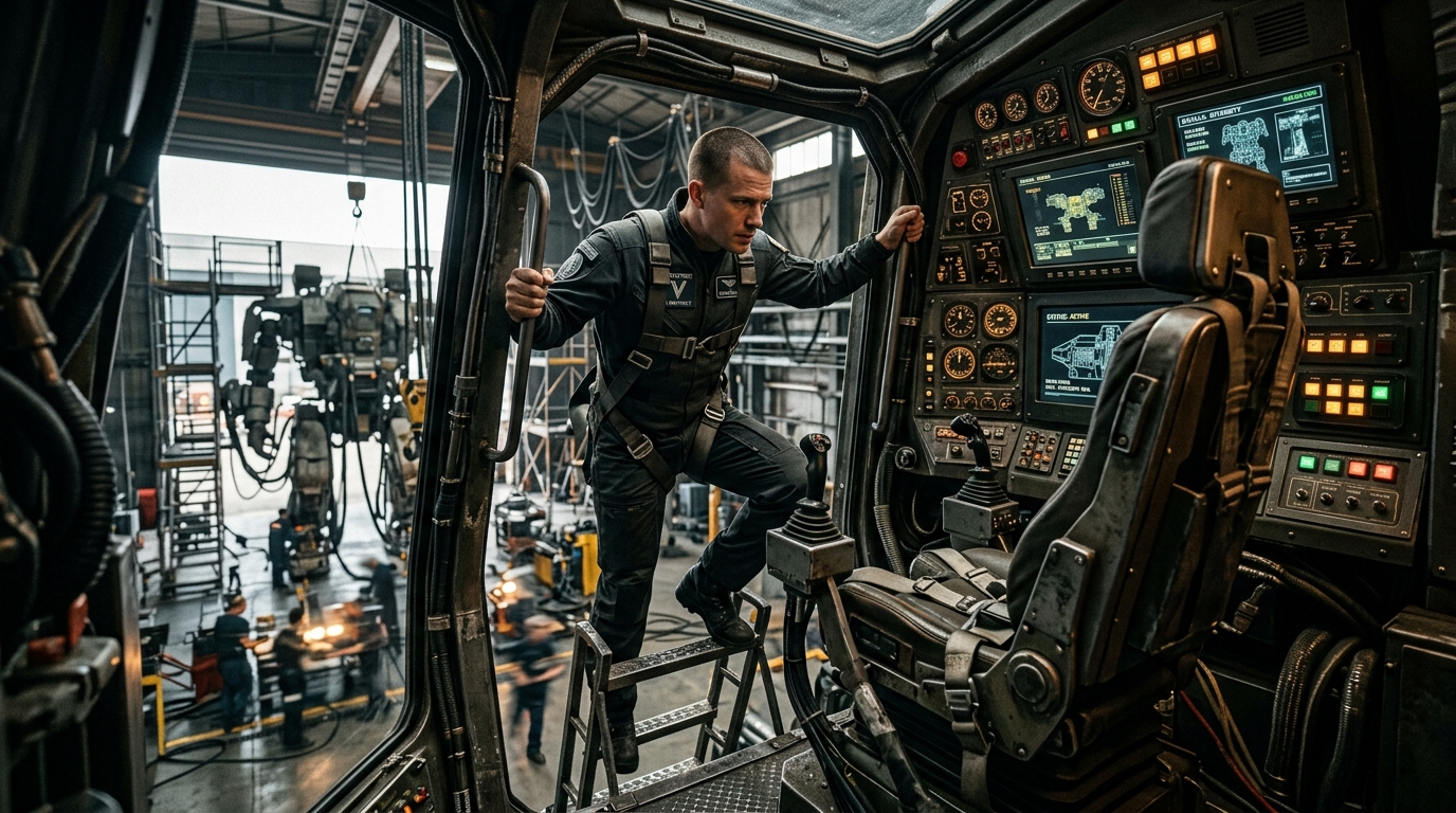 Pilote humain montant dans le cockpit d'un robot mecha