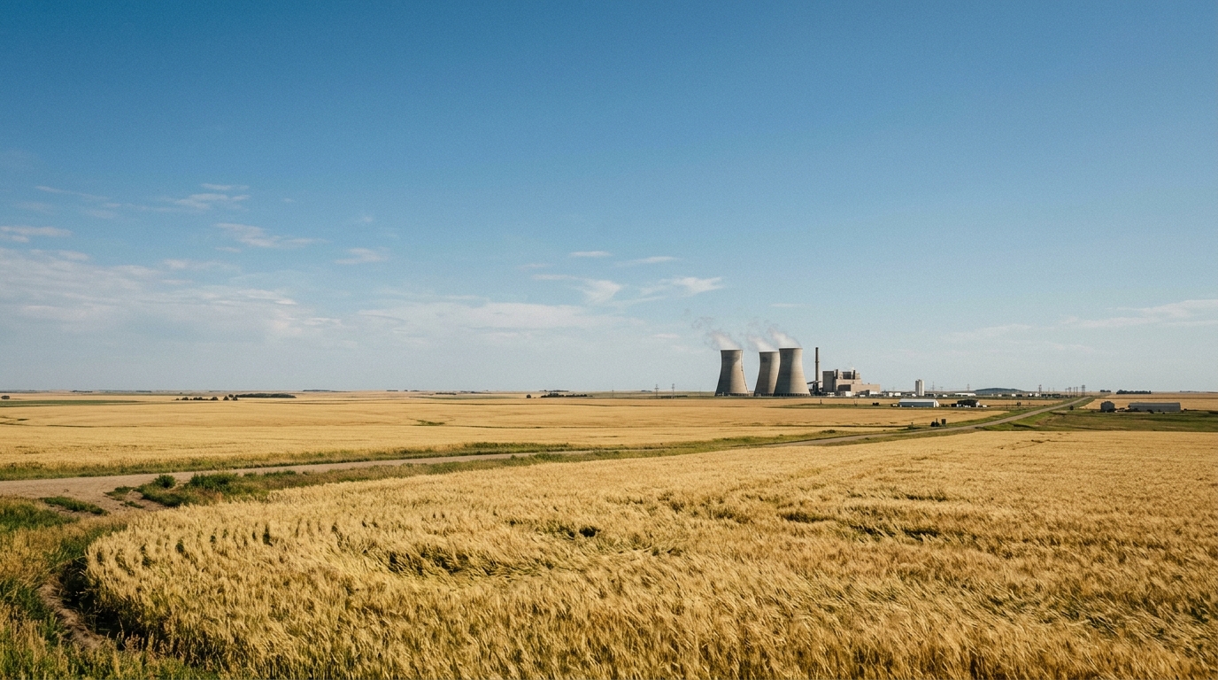 Plaines du Dakota du Nord avec des tours industrielles à l'horizon