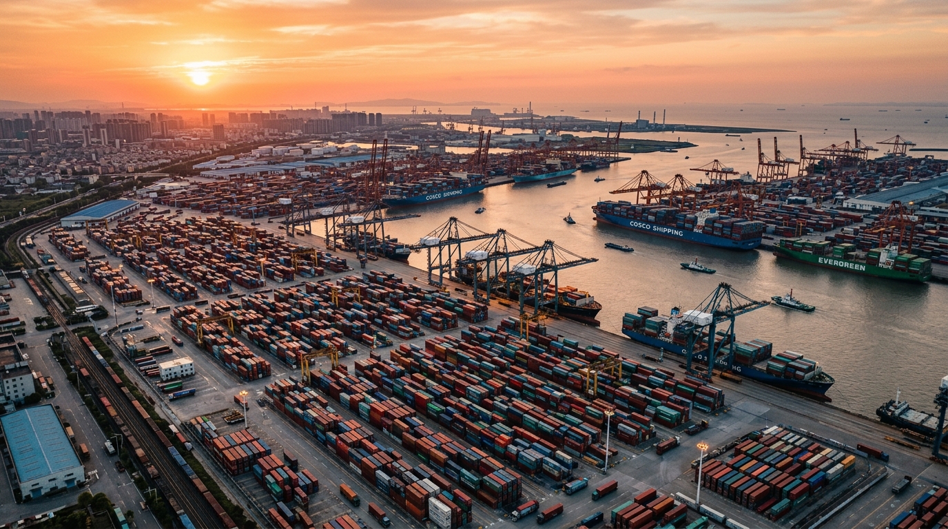 Port commercial avec porte-conteneurs au coucher de soleil