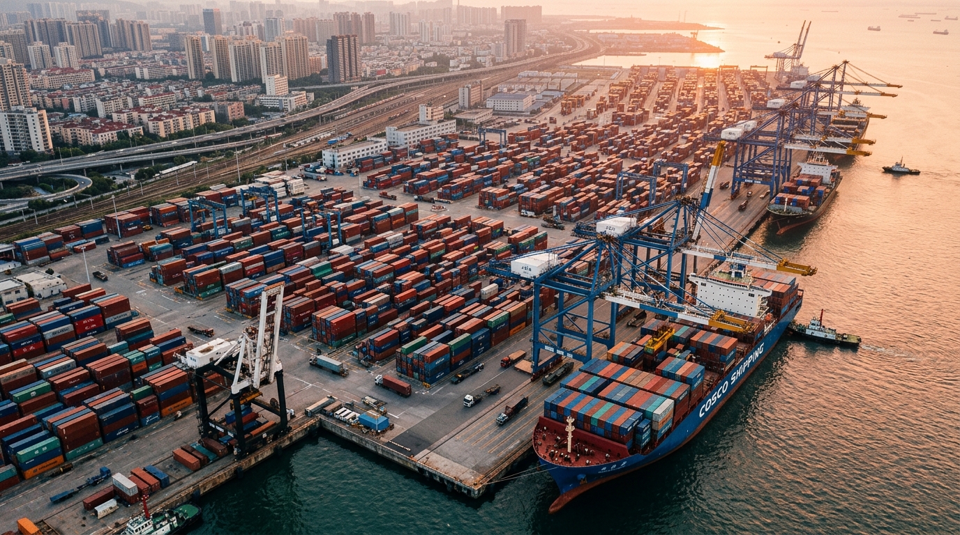 Port de conteneurs chinois avec grues et navire cargo
