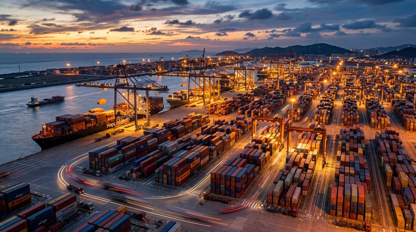 Port de conteneurs en Asie au crépuscule