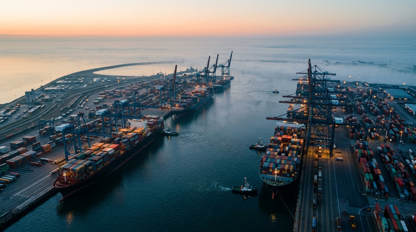 Port européen de containers avec navires cargo au lever du jour