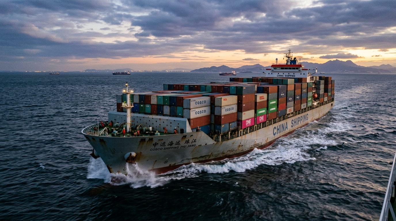 Porte-conteneurs chinois en mer représentant le commerce maritime de Pékin
