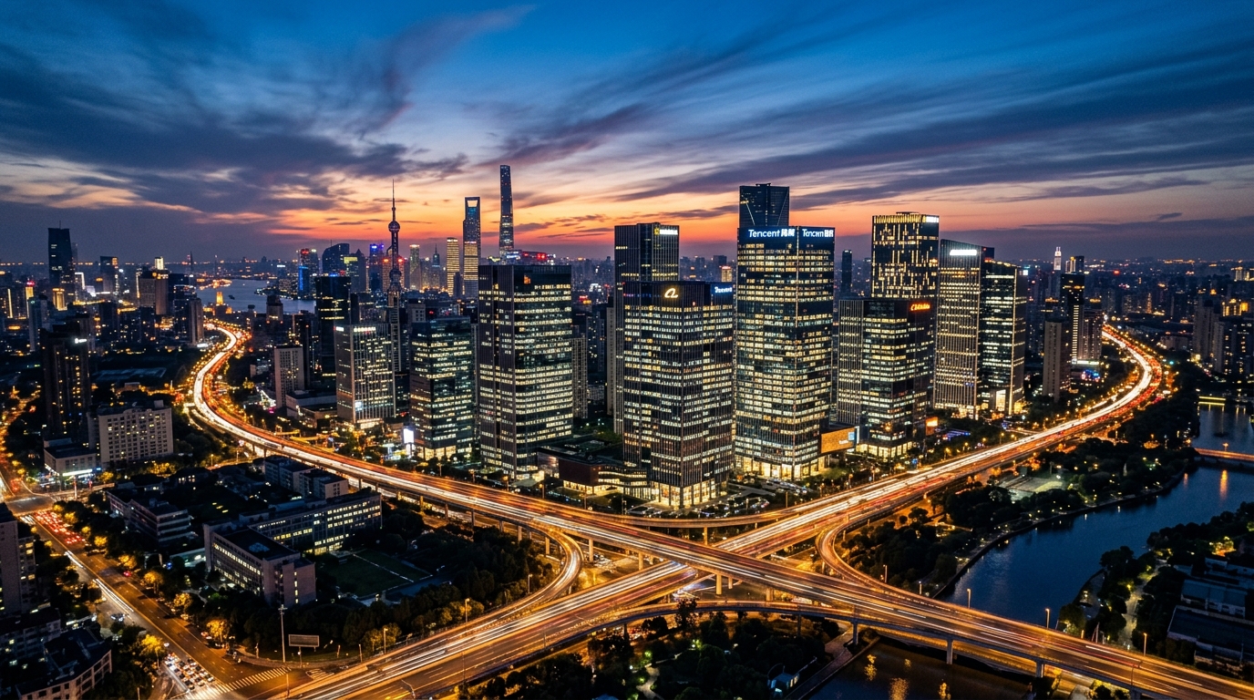 Quartier technologique de Shanghai au crépuscule
