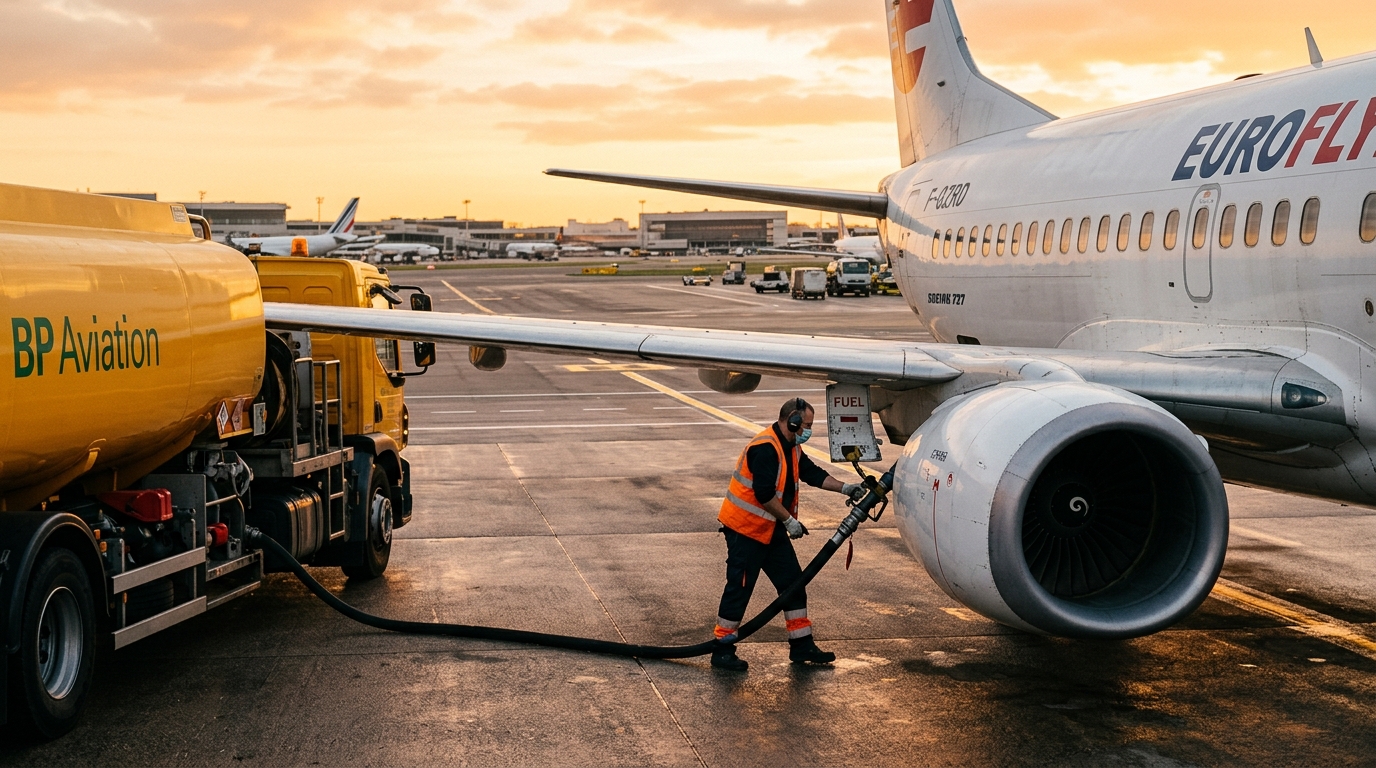 Ravitaillement en kérosène d'un avion sur le tarmac