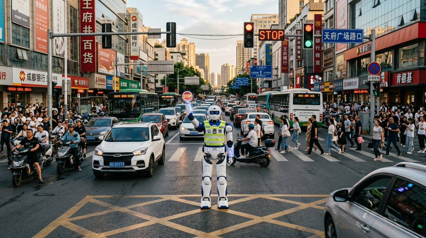 Robot humanoïde gérant la circulation à un carrefour en Chine
