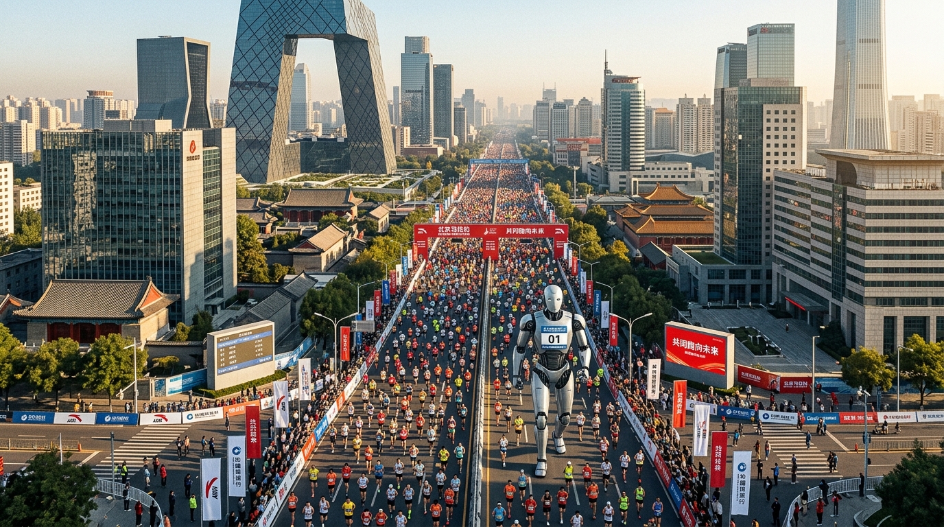 Robot humanoïde parmi des coureurs humains lors d'un marathon urbain en Chine