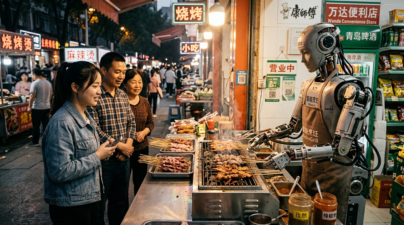 Robot humanoïde préparant des brochettes grillées dans une épicerie à Pékin