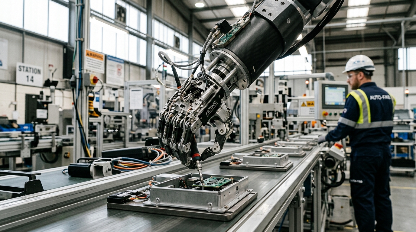 Robot humanoïde travaillant sur une chaîne de production automatisée