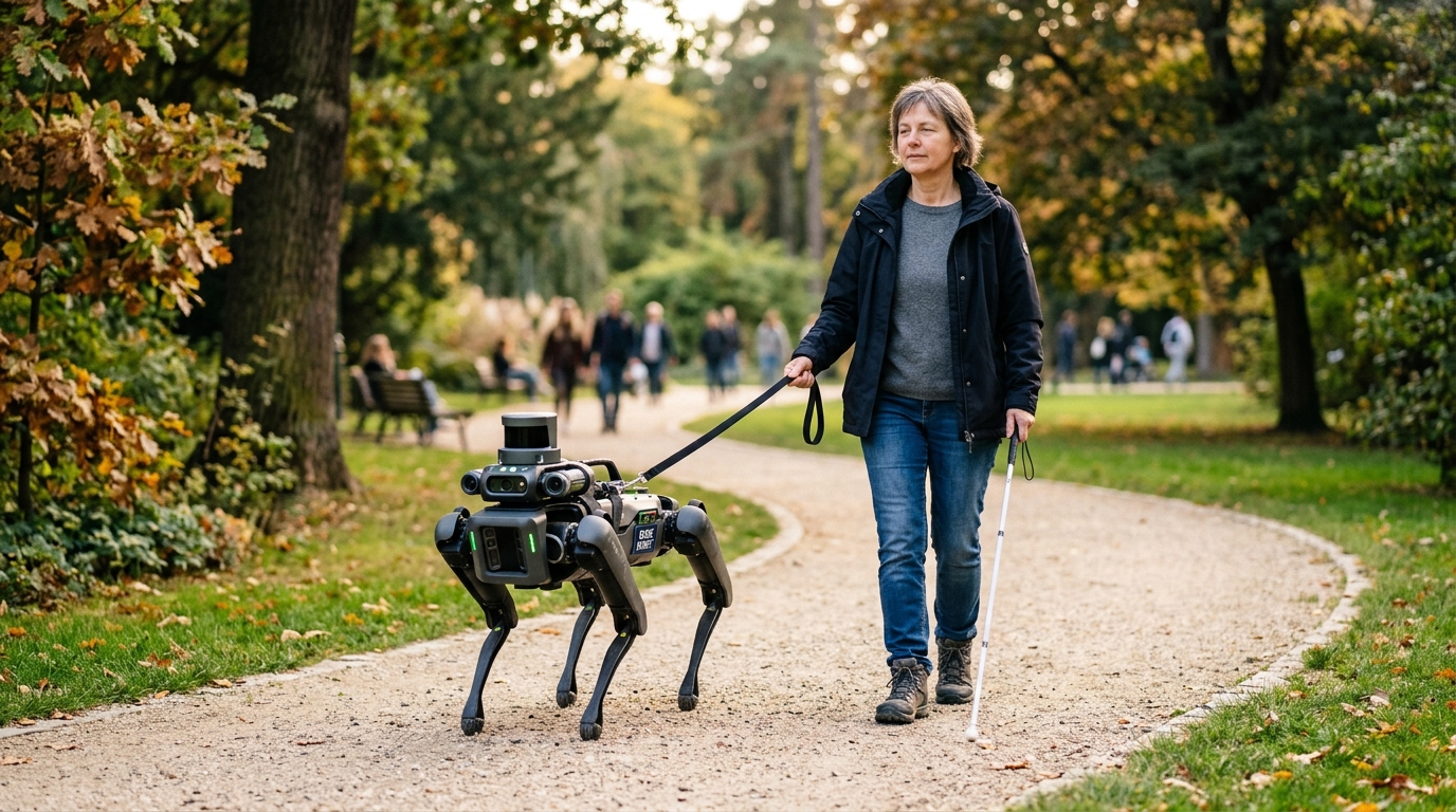 Robot quadrupède équipé de capteurs guidant un piéton