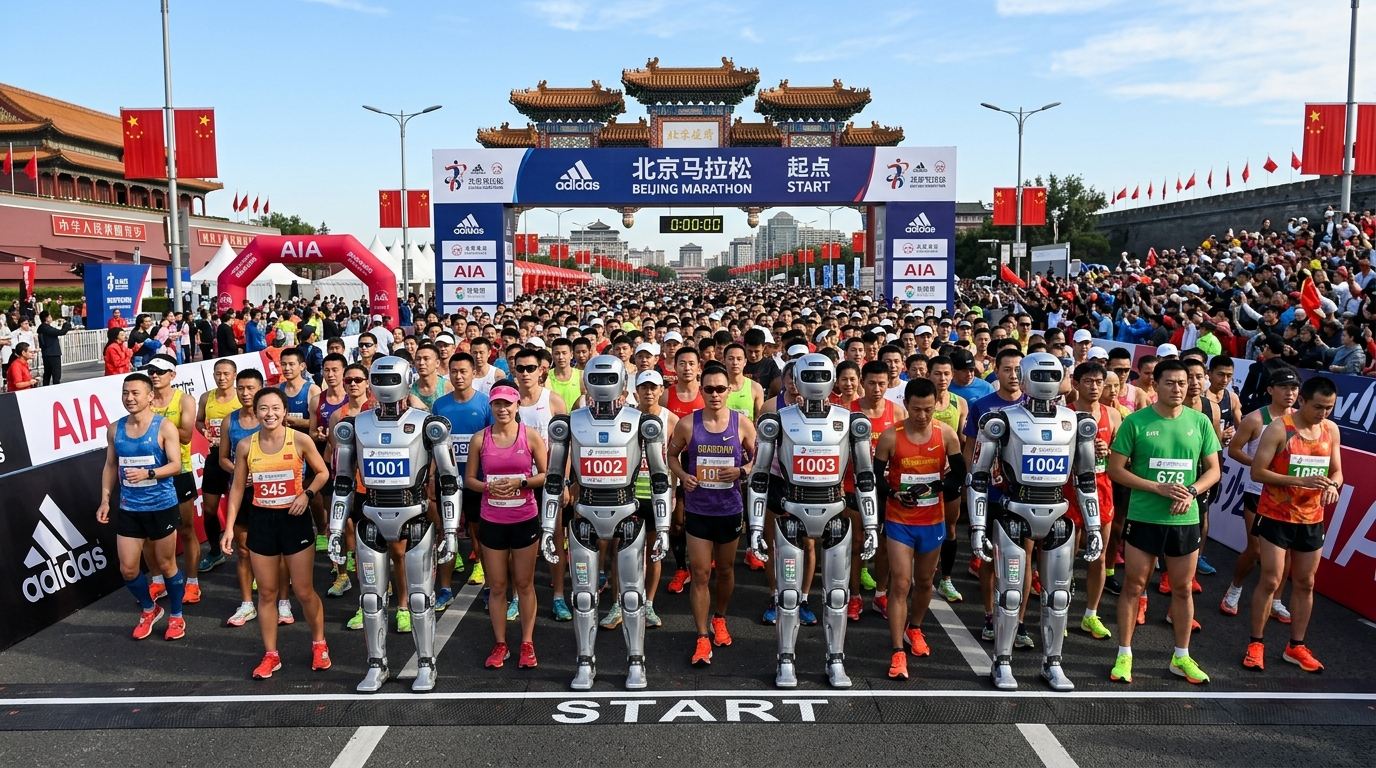 Robots humanoïdes au départ d'un semi-marathon à Pékin aux côtés de coureurs humains