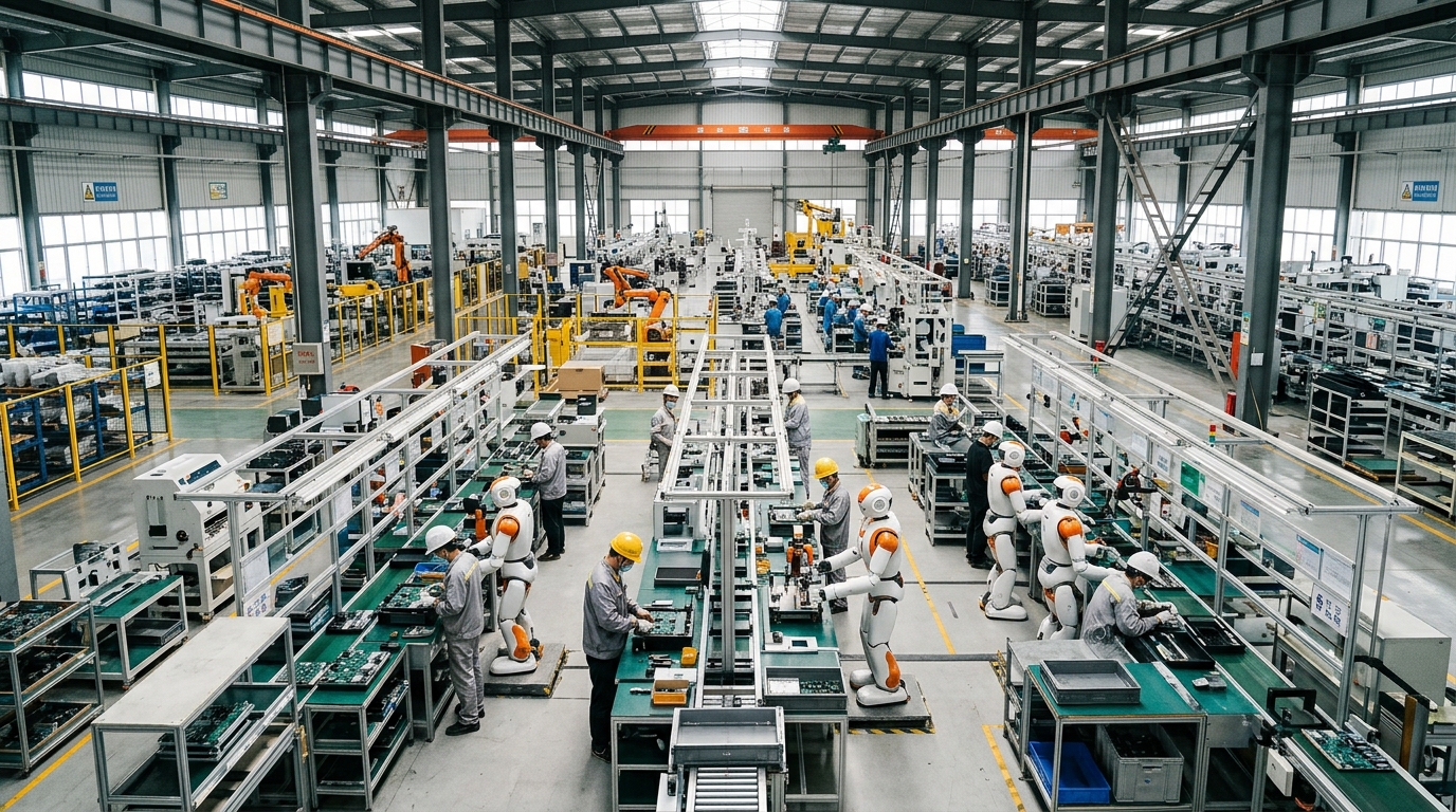 Robots humanoïdes travaillant en usine aux côtés d'ouvriers en Chine