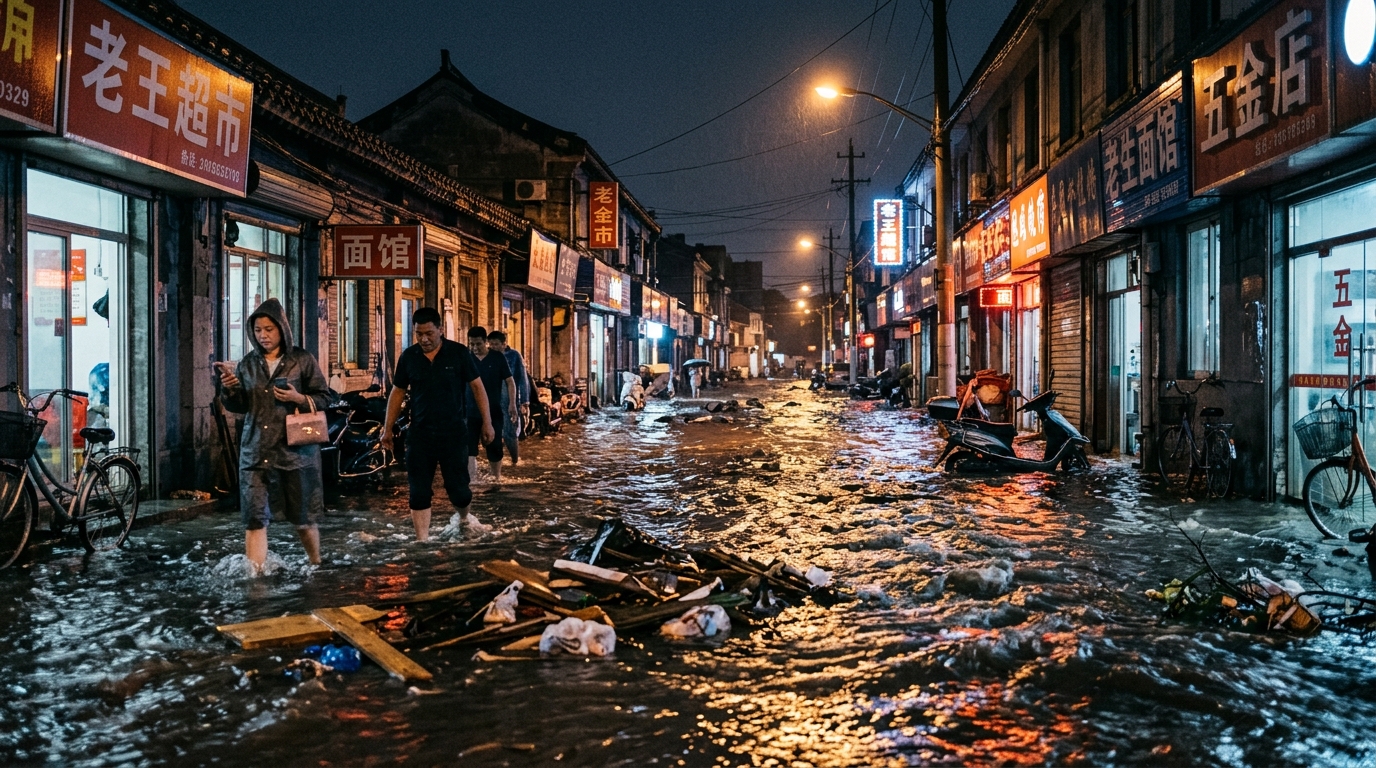 Rue inondée de nuit dans une ville chinoise avec des débris emportés par le courant