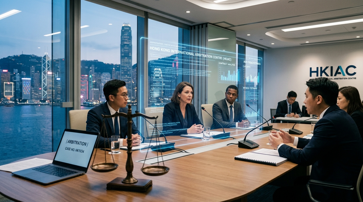 Salle d'arbitrage à Hong Kong avec symbole de justice et code