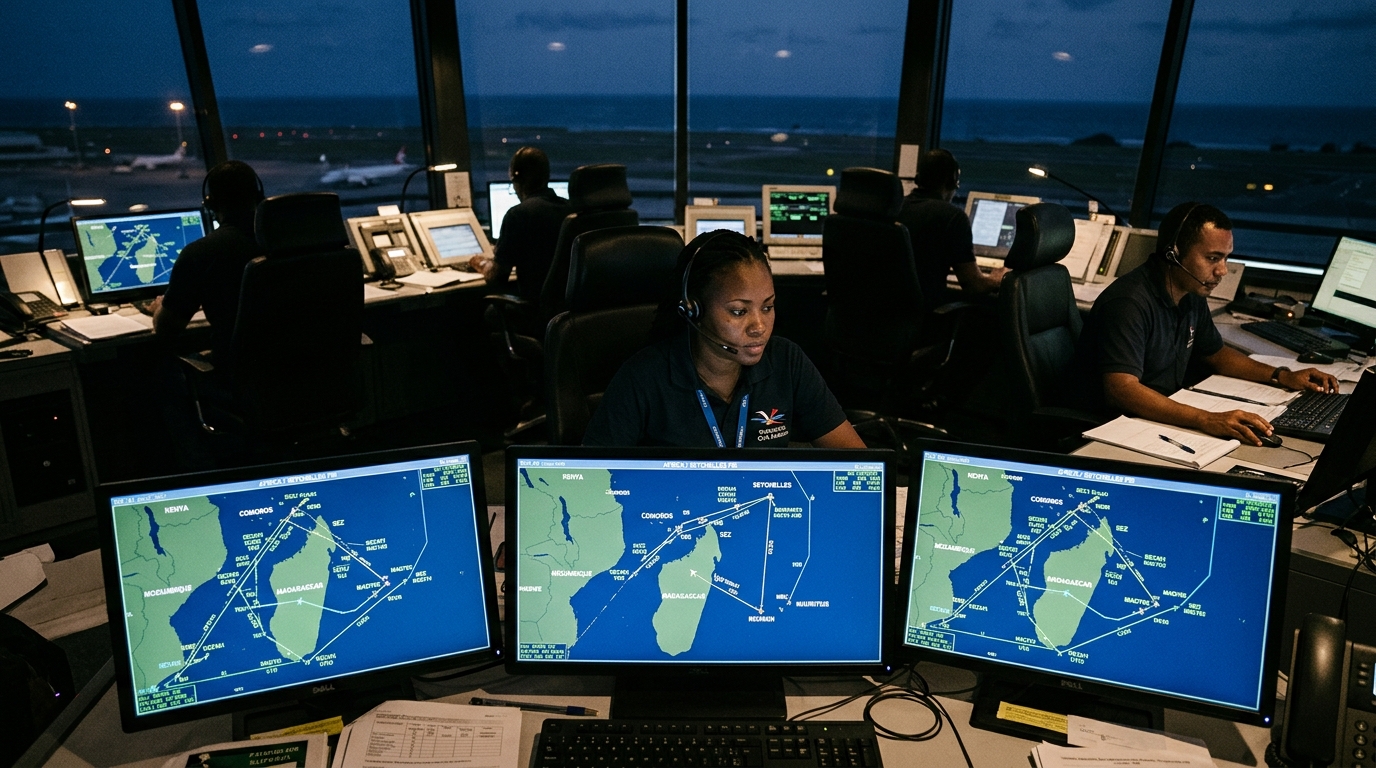 Salle de contrôle aérien avec radars en Afrique