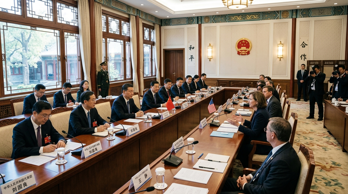 Salle de réunion diplomatique lors d'un sommet bilatéral sino-américain