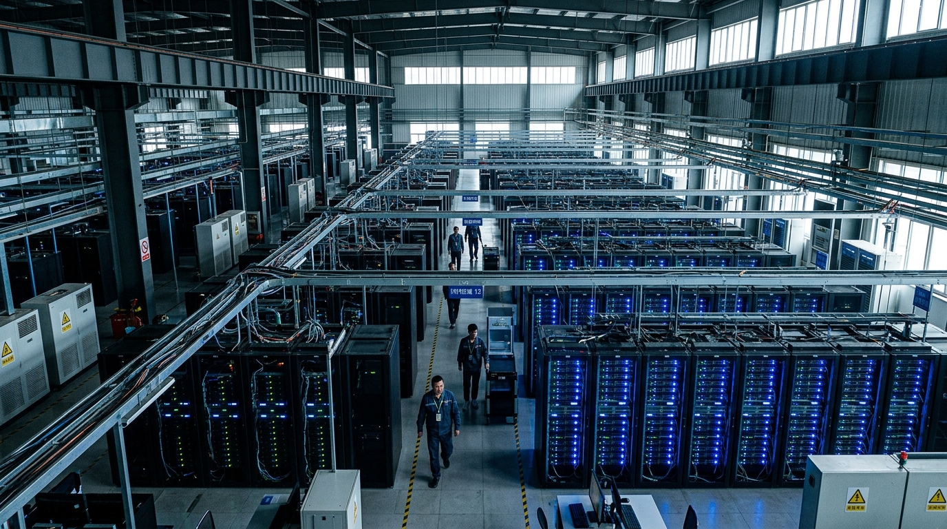 Salle de serveurs IA en Chine avec baies lumineuses bleues