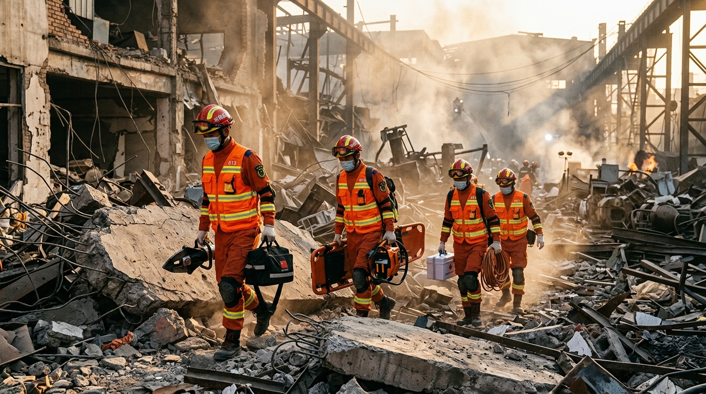 Secouristes chinois fouillant les décombres après l'explosion de l'usine