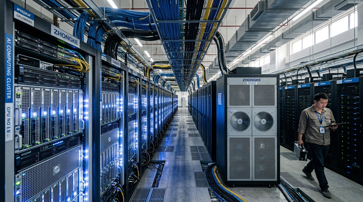 Serveurs IA dans un datacenter avec éclairage bleu intense