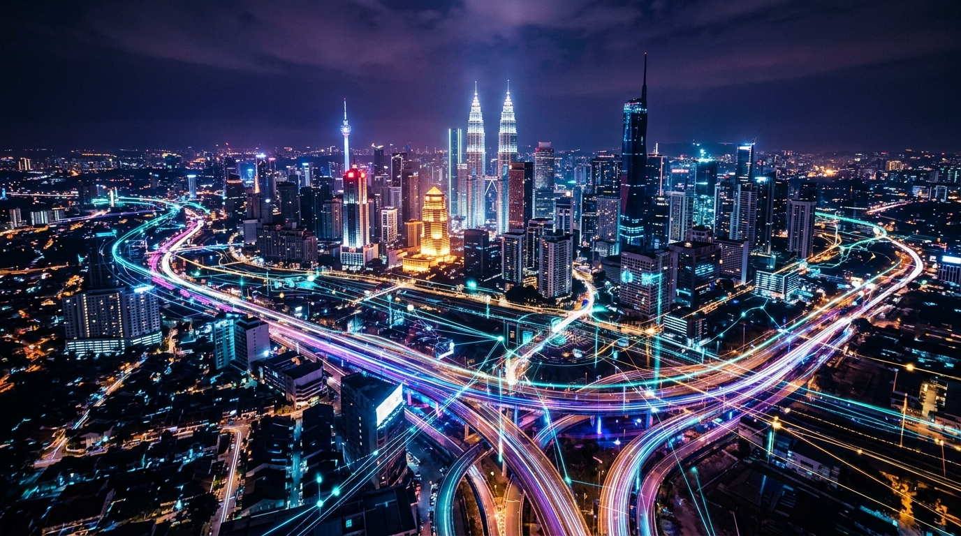 Skyline de Kuala Lumpur de nuit avec flux de données numériques