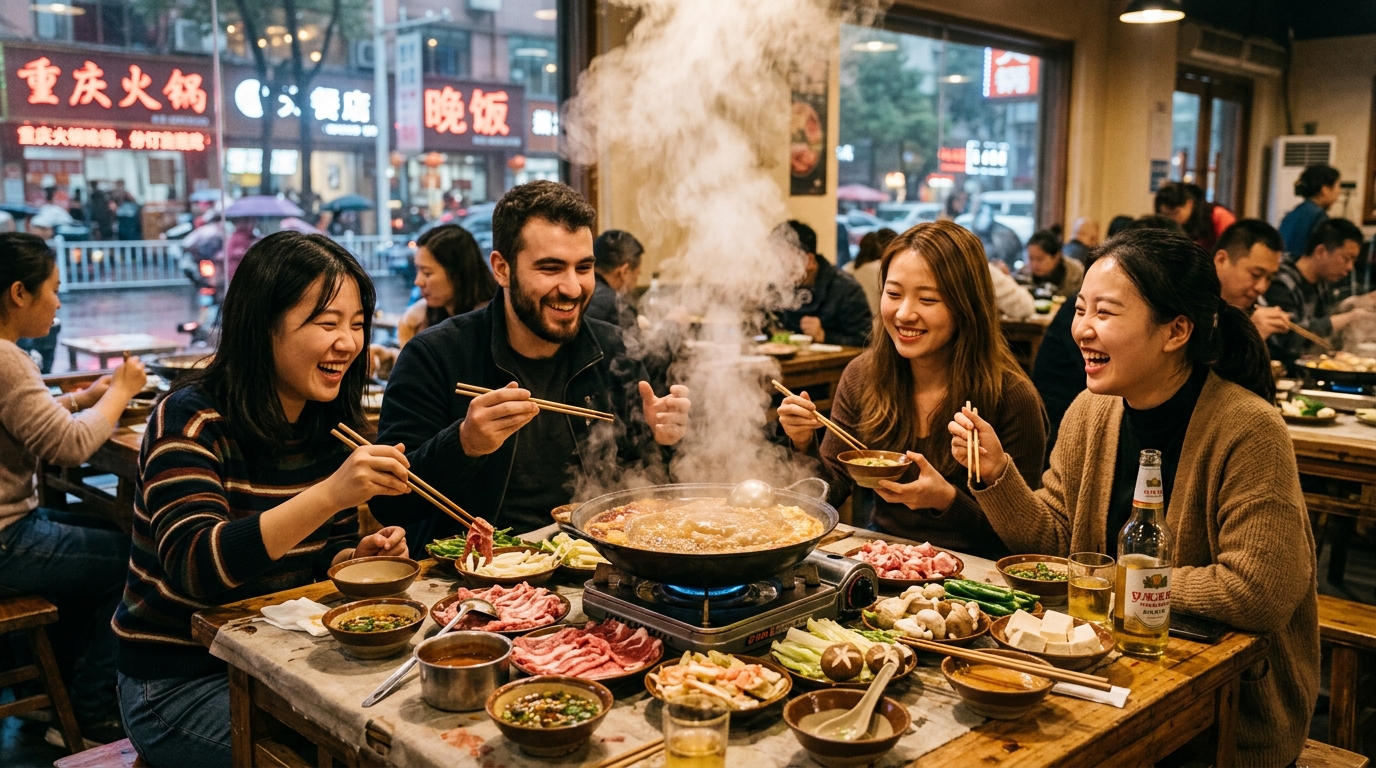 Table de hotpot servie à l'étranger avec convives