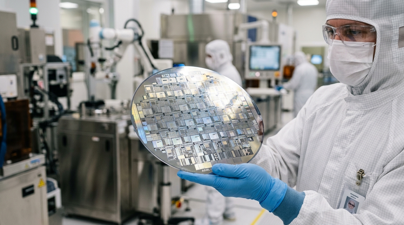 Technicien tenant une plaquette de silicium en salle blanche