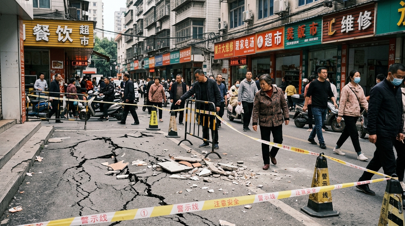 Trottoir après la chute d'un équipement en hauteur dans une rue chinoise