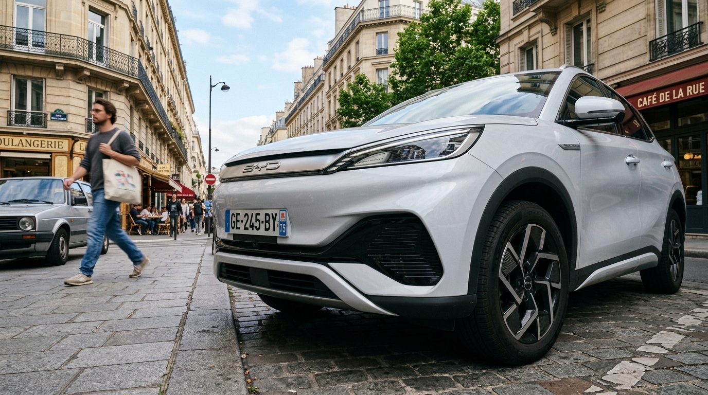 Véhicule électrique BYD dans une rue européenne